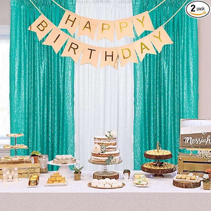 ShinyBeauty Sequin Backdrop 4x10ft Teal Sequin Curtains 2 Panels Wedding Drapes by ShinyBeauty