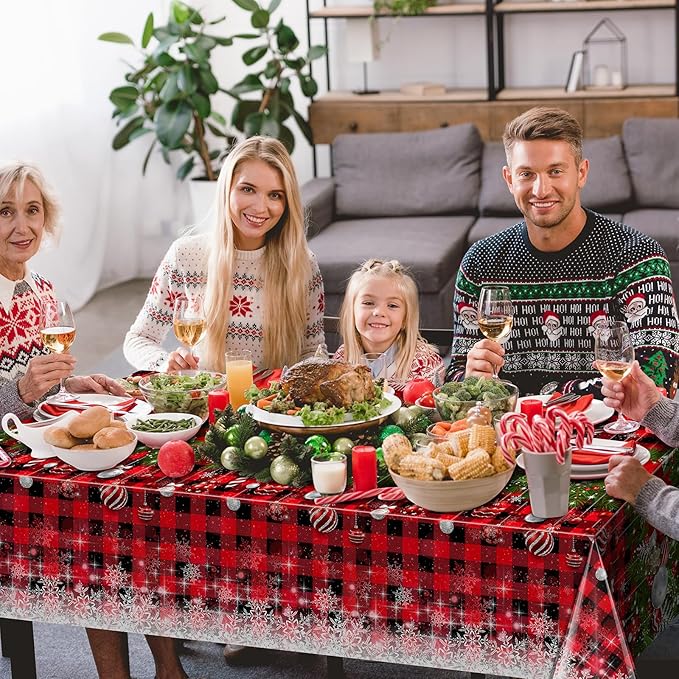 12Pcs Christmas Buffalo Plaid Snowflake Tablecloths, Plastic Red and Black - Image 4