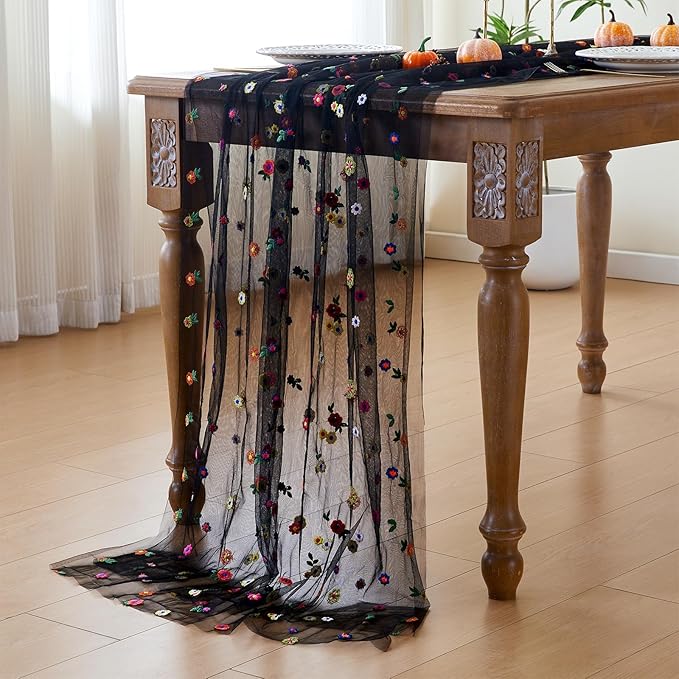 JIALE Black Floral Table Runner, Embroidery Daisy Seasonal Table Decorations - Image 5