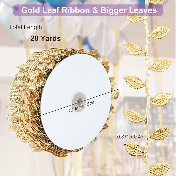 Naidiler Gold Leaf Ribbon, 20 Yards Artificial Gold Leaf Trim - Image 4