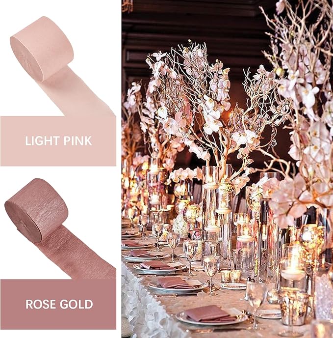PartyWoo Crepe Paper Streamers 4 Rolls 328ft, Pack of Pink and Rose Gold Crepe - Image 3
