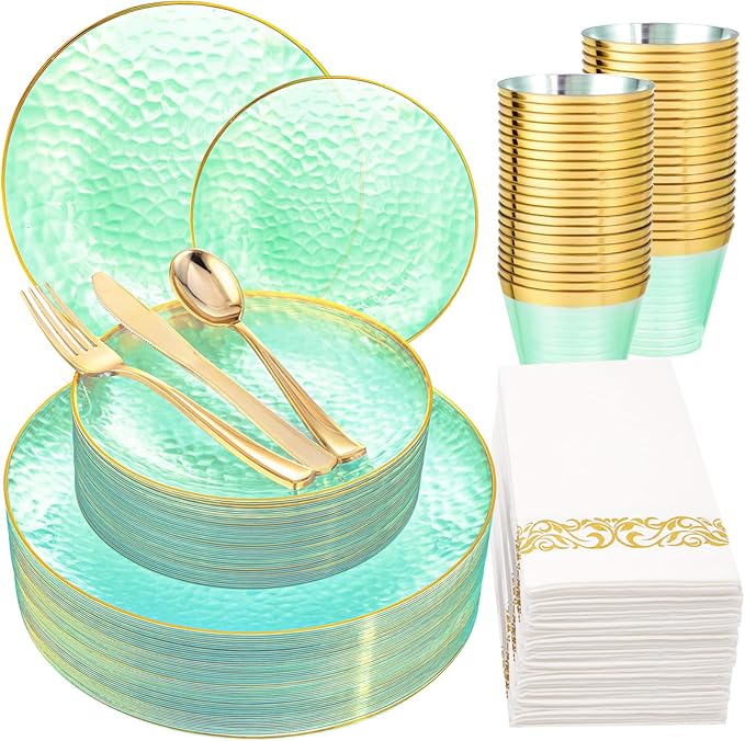 Rubtlamp 175 Pcs Green Plastic Plates Dinnerware Set, Hammered Plates Sets by Rubtlamp