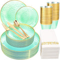 Rubtlamp 175 Pcs Green Plastic Plates Dinnerware Set, Hammered Plates Sets by Rubtlamp