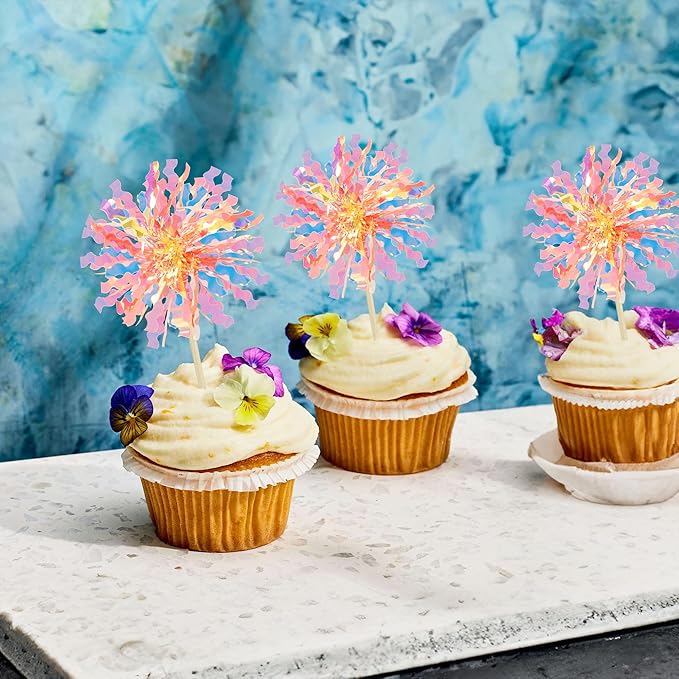 Ephlyn 30Pcs Foil Firework Cupcake Toppers Happy Birthday Cake Toppers Tinsel - Image 4