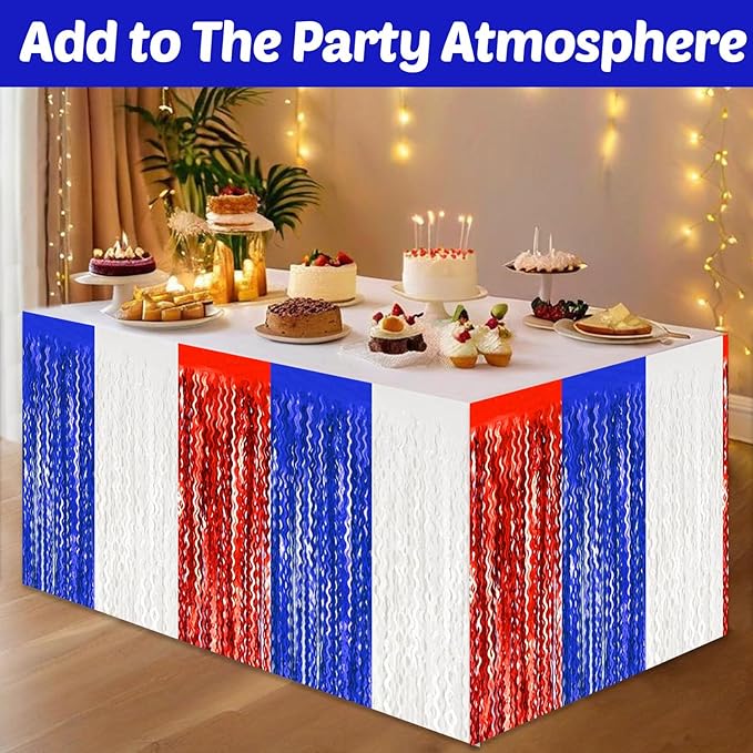 6 Pack 29x108 Inch White Blue Red Wave Foil Fringe Table Skirts Metallic Banner - Image 4