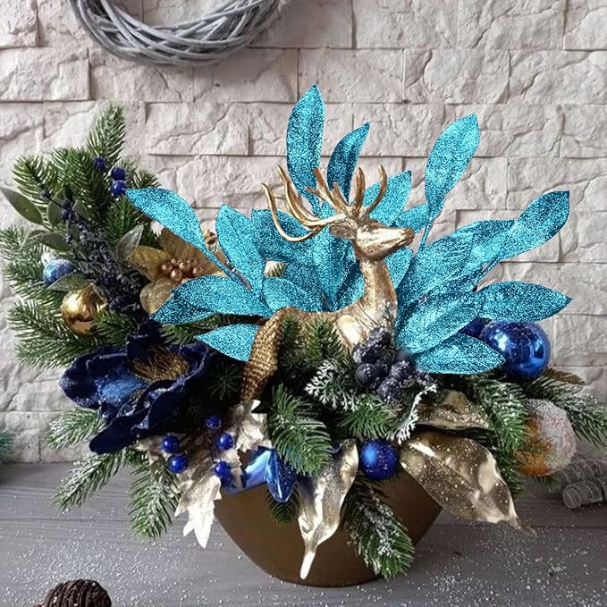 GREENTIME 12 Pack Artificial Blue Glitter Leaves 13" Fake Christmas Picks - Image 4
