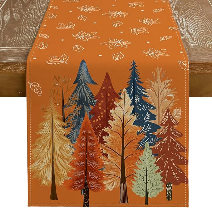 GEEORY Fall Watercolor Trees & Maple Leaves Table Runner 13x72 Inch, Rustic by GEEORY