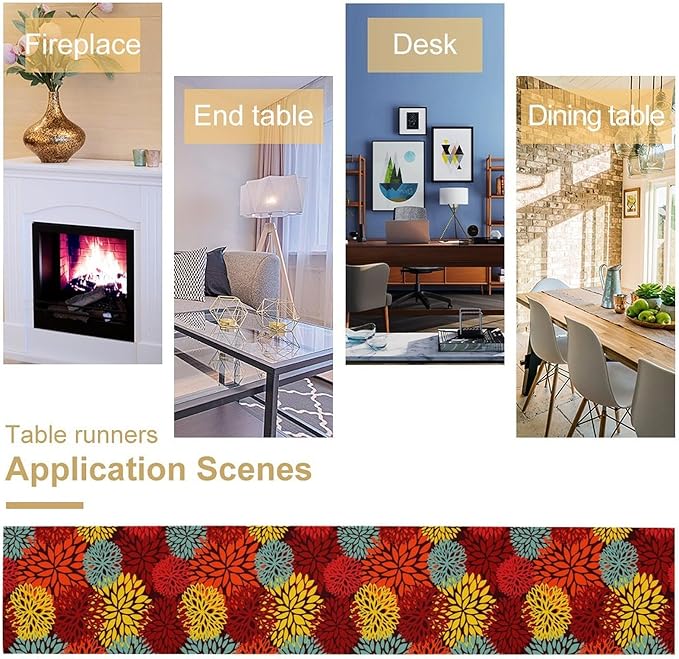 Red Yellow Dahlia Table Runner, Seasonal Autumn Thanksgiving Pattern Print - Image 8