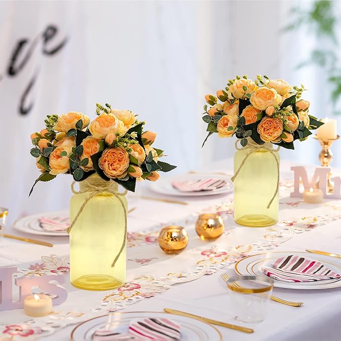 Vintage Glass Flower Vase，6 Pack Gold Amber Farmhouse Glass Centerpiece Vases - Image 2