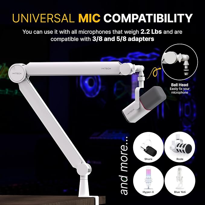 IXTECH Mic Arm White Premium Boom Arm 360° Rotatable Microphone Arm Stand - Image 2