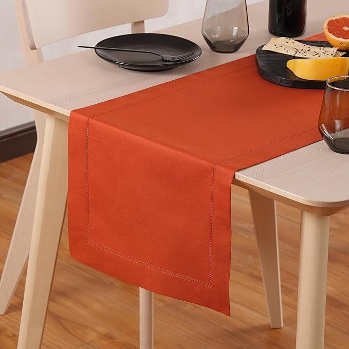 Pumpkin Table Runner 36 Inch–Cotton Linen Hemstitch Farmhouse Table Runner by HomeEkaa