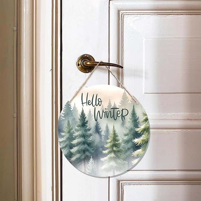 CGBHW Hello Winter Welcome Forest Wooden Sign, Winter Farmhouse Pine Trees - Image 2