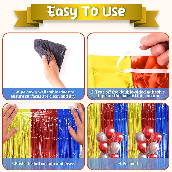 2 Pack Blue Red Gold Foil Fringe Backdrop Curtains, Tinsel Streamers Party - Image 3