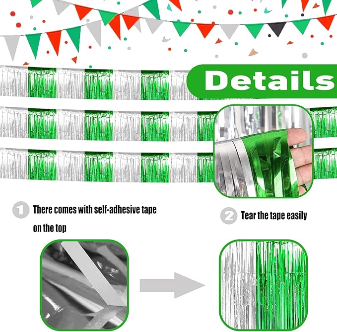 6 Pack 10 Feet Silver Green Foil Fringe Garland Metallic Tinsel Streamers - Image 3