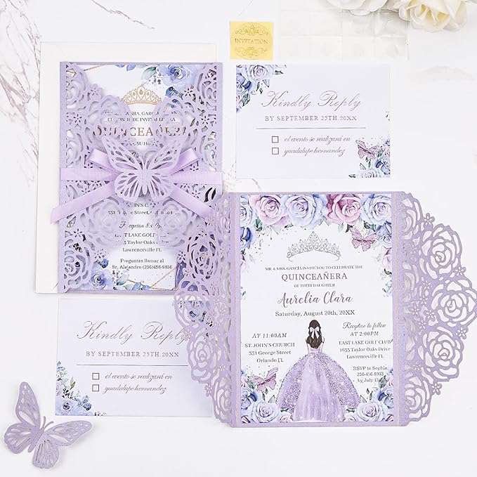 Purple Butterfly Laser Cut Wedding Invitations 50 Set, Hollow Out Rose Shaped - Image 7