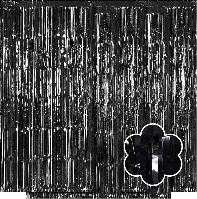 5 Pack Black Foil Curtain Backdrop 3.2ft x 9.8ft Metallic Tinsel Foil Fringe by Ohiyoo