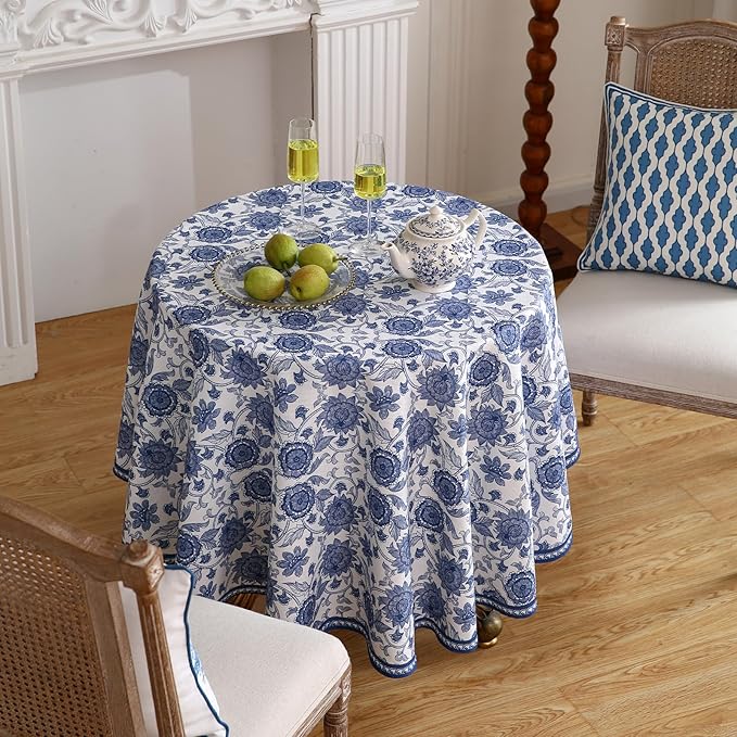 patdrea Designer Vintage French Round Table Cloth, Linen Durable Blue Paisley - Image 9