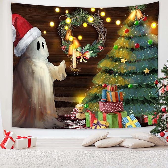 QGHOT Christmas Tapestry Wall Hanging Christmas Tree Backdrop Cute Ghost Wall by QGHOT