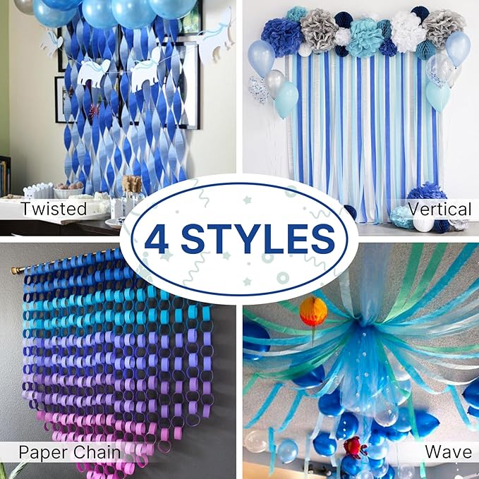 PartyWoo Blue Crepe Paper Streamers 4 Rolls 328 ft Pack of Dark Light Pastel - Image 6