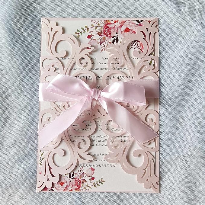 25PCS Blush Pink Laser Cut Wedding Invitations Cards - Image 2
