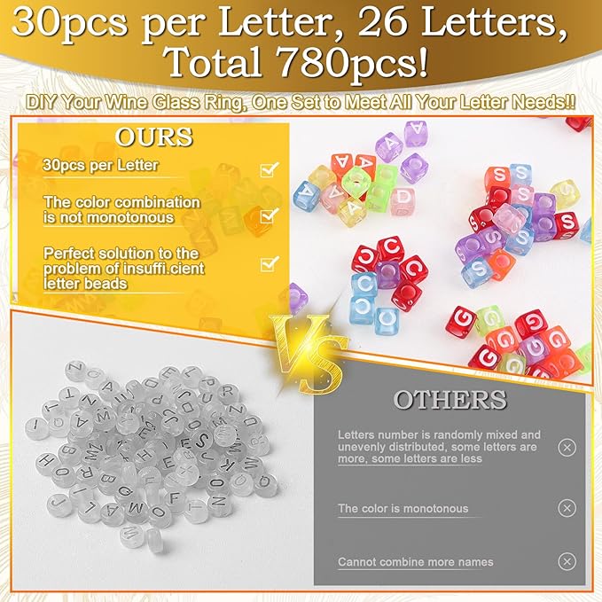60 Sets DIY Wine Glass Charms – 780 Letter Beads 120 Gold Beads 60 Charm Rings - Image 5