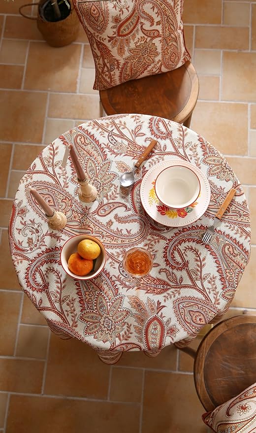 ISAENNE Designer French Red Round Tablecloth, Fall Linen Table Cloth - Image 7