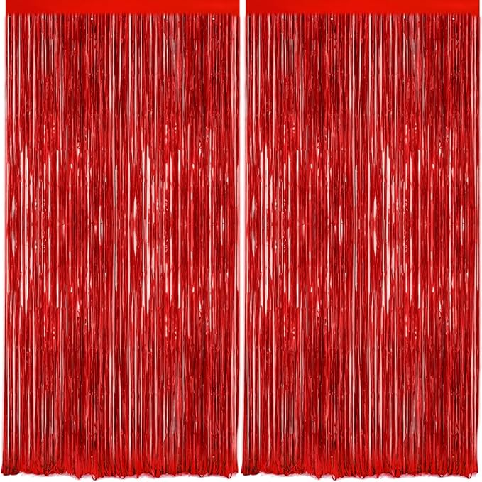 2Pack Red Foil Fringe Curtain, Glitter Red Metallic Tinsel Foil Fringe Curtains by GCBPartyDecorations