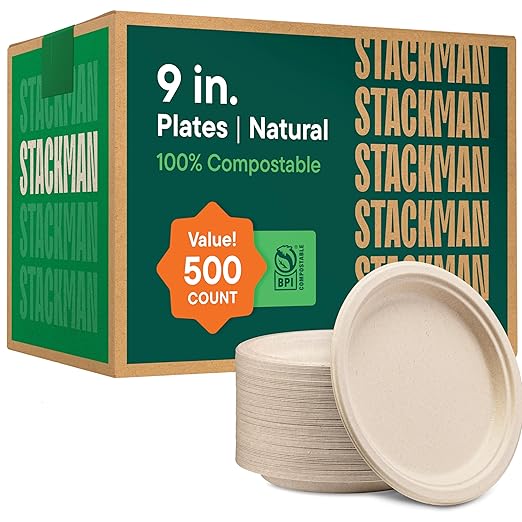 100% Compostable Paper Plates 9 Inch Heavy-Duty Dinner Plates by StackMan