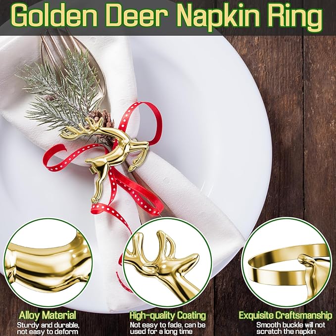 ZeeDix Gold Reindeer Christmas Napkin Rings Set of 24, Napkin Holder Ring - Image 3