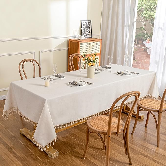 MYSKY HOME Table Cloth 60x84 in Rectangle Table, Heavy Duty Cotton Tassel Linen - Image 2
