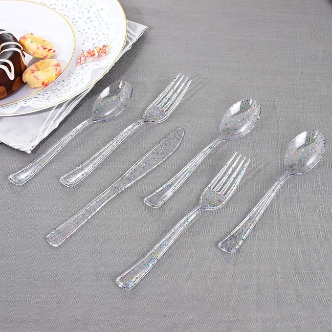 Supernal 360pcs Clear Plastic Silverware, Glitter Disposable Cutlery - Image 2