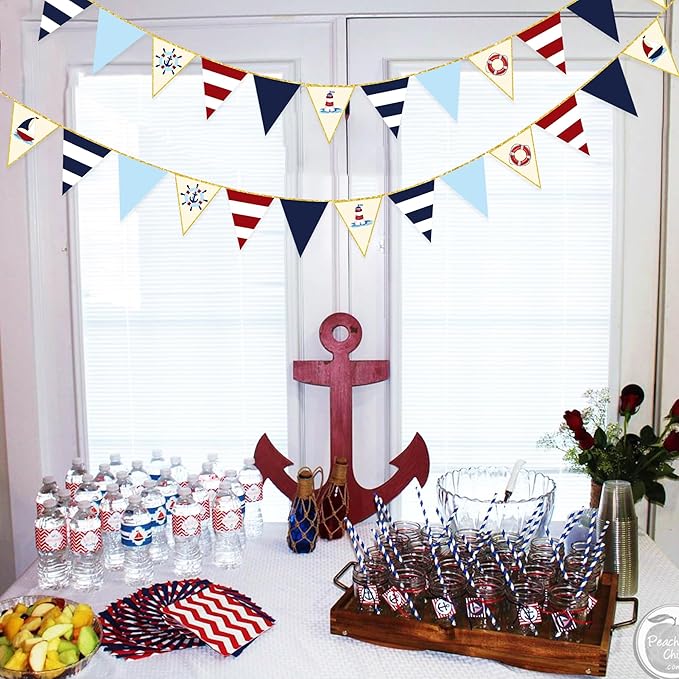 Navy Red Beige Gold Glitter Stamping Paper Pennant Banner Flag Triangle Bunting - Image 7