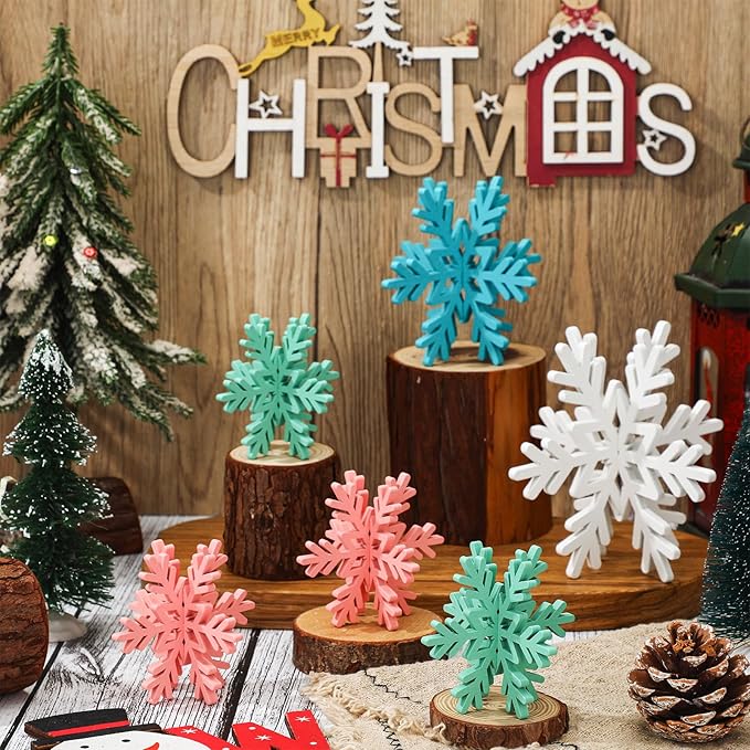 Bucherry 12 Pcs Wooden Snowflake Table Decor 3D Snowflake Tabletop Signs and by Bucherry