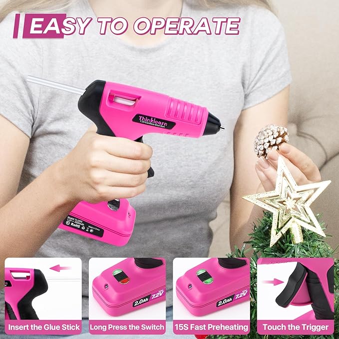 Cordless Hot Glue Gun, 7.2V Pink 15s Fast Preheating Glue Gun Set - Image 2