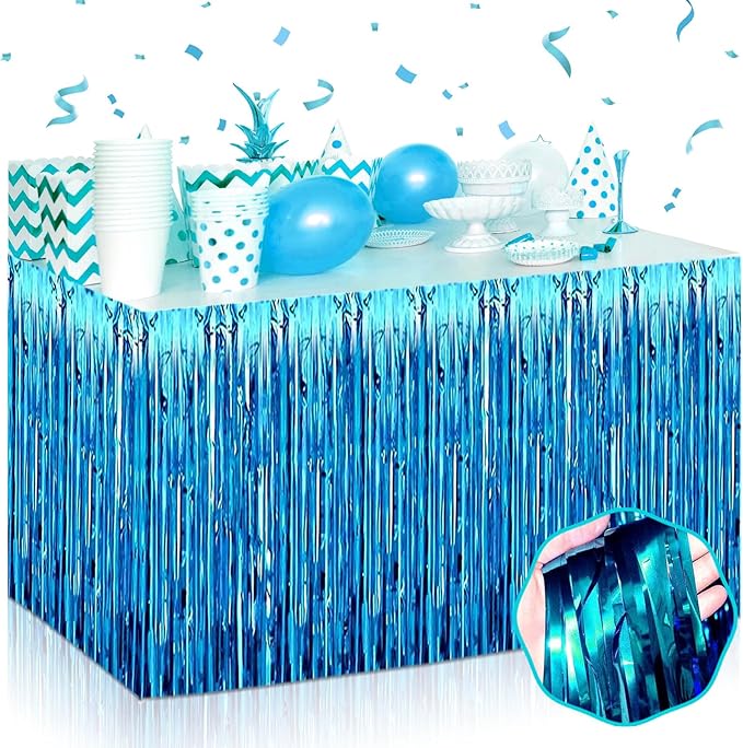 3 Pack 29 x108 Inch Lake Blue Foil Fringe Table Skirts Metallic Banner by Mebiornt