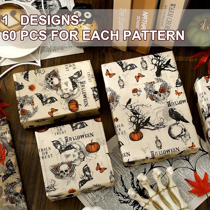JarThenaAMCS 60 Pcs Halloween Tissue Paper Retro Gothic Skull Crow Pumpkin - Image 3