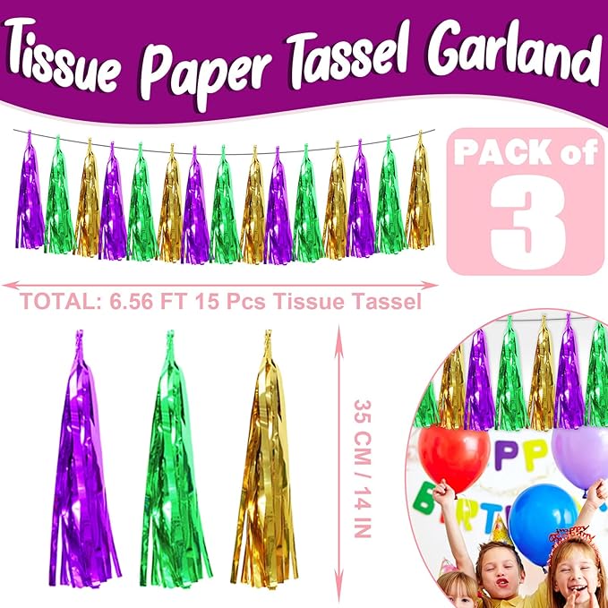 3P Purple Green Gold Foil Fringe Metallic Tassel Streamers Banner Tassel Garland - Image 2