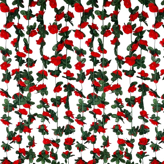 16Pcs 126Ft Red Rose Garland, Fake Rose Hanging Flowers, Artificial Flower Vine by Tisspoms
