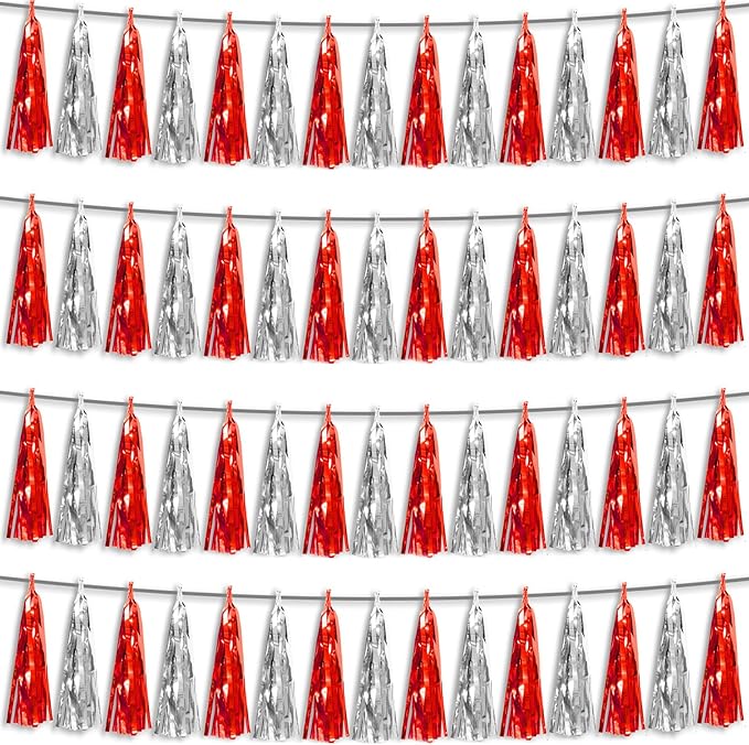 4P Red Silver Foil Fringe Metallic Tassel Streamers Banner Tassel Garland by HYSILLA