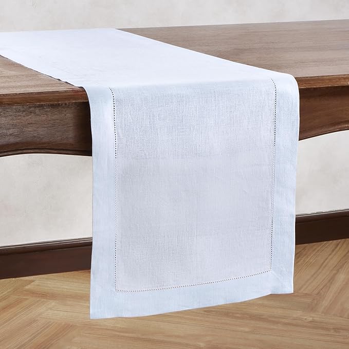 Light Blue Table Runner 72 inches Long – 100% Pure Linen Hemstitch 14 x 72 Inch - Image 4