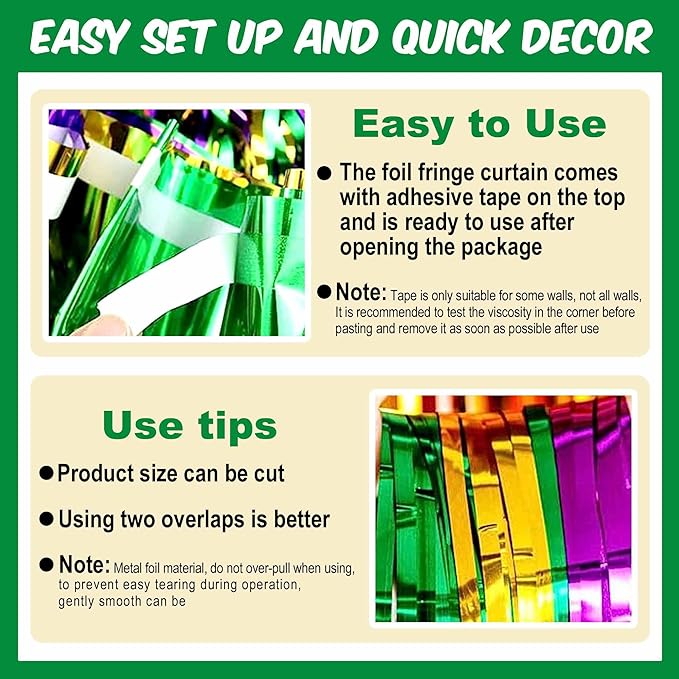 6 Pack Gold Green Purple Foil Fringe Curtains Backdrop, 3.28 x 8.2 Ft Metallic - Image 3