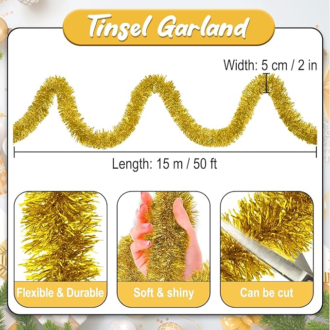 50 Feet Gold Christmas Tinsel Garland, Metallic Foil Twist Banner Wall Hanging - Image 2