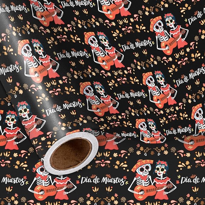 LeZakaa Day of the Dead Wrapping Paper Roll, Día de Muertos Skeleton Couple by LeZakaa