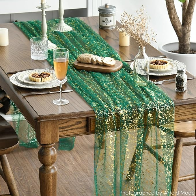 Artoid Mode 6PCS Green Gold Gauze Table Runner 120 Inch 10FT, Glitter Metallic - Image 2