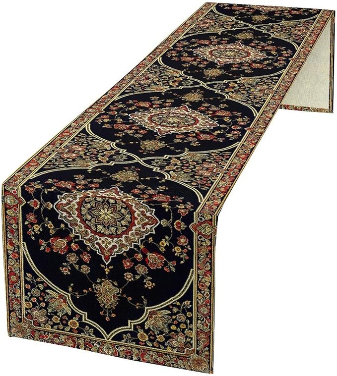 Vintage Boho Floral Table Runner, Rustic Country Farmhouse Black Bohemia Flower by Unknown