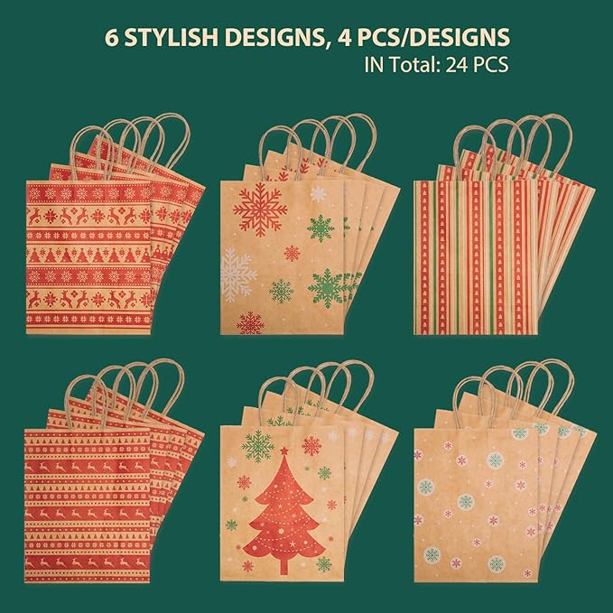 MESHA Christmas Gift bags 24Pcs 8.6x7x3.3'' Kraft Paper Bags - Image 5
