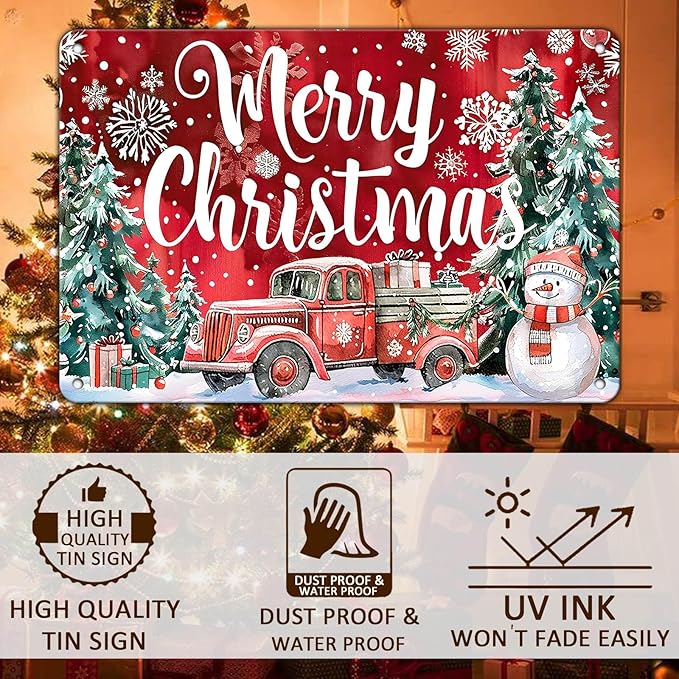 Christmas Truck Metal Tin Sign Merry Christmas Sign Funny Snowman Tin Sign - Image 4