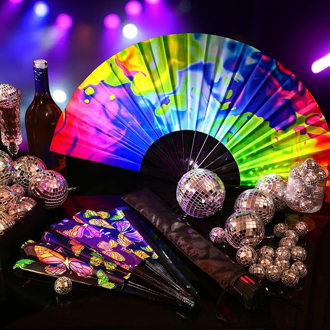 Qunclay 12 Pieces UV Glow Large Rave Folding Hand Fan Festival Fan - Image 5
