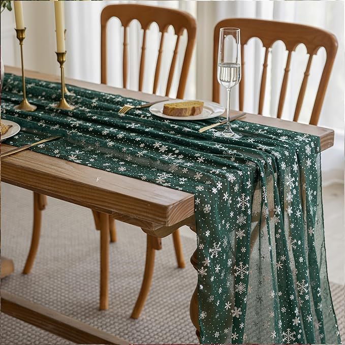 Silvery Snowflake Metallic Print Tulle Christmas Table Runner, Seasonal Winter - Image 8