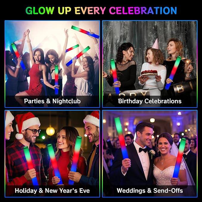 AOWDIAO 12 Pcs 16″ Foam LED Glow Sticks, 3 Light Up Modes, Party Favors - Image 6